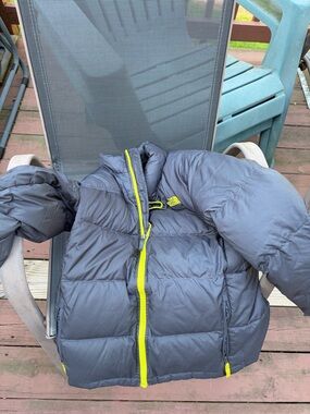 The North Face Kids Gray Puffer Jacket with Yellow Trim